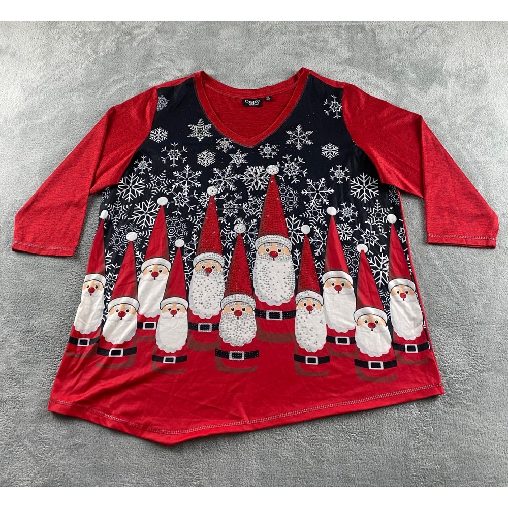 Onque Casual Womens 1X Christmas Santa Rhinestone Embellished Top Red Black